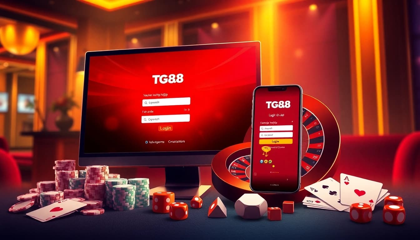 Engaging TG88 đăng nhập login screen with dynamic poker chips and roulette wheel enhancing casino betting action