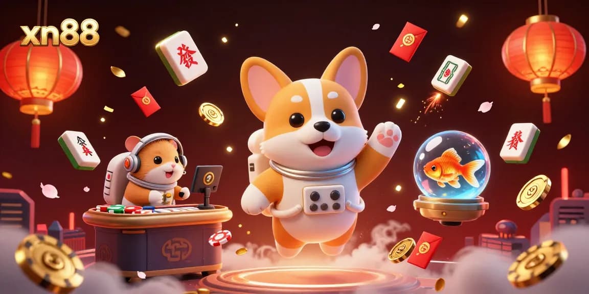 Experience xn88 with a 3D floating casino scene featuring an astronaut corgi and rich gaming elements.