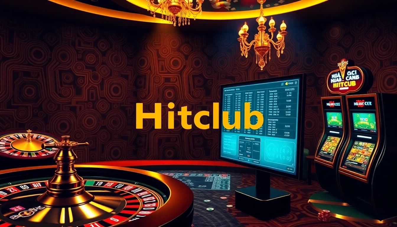 Engaging gambling scene with Nhà cái Hitclub logo, showcasing online gaming elements and luxurious atmosphere.