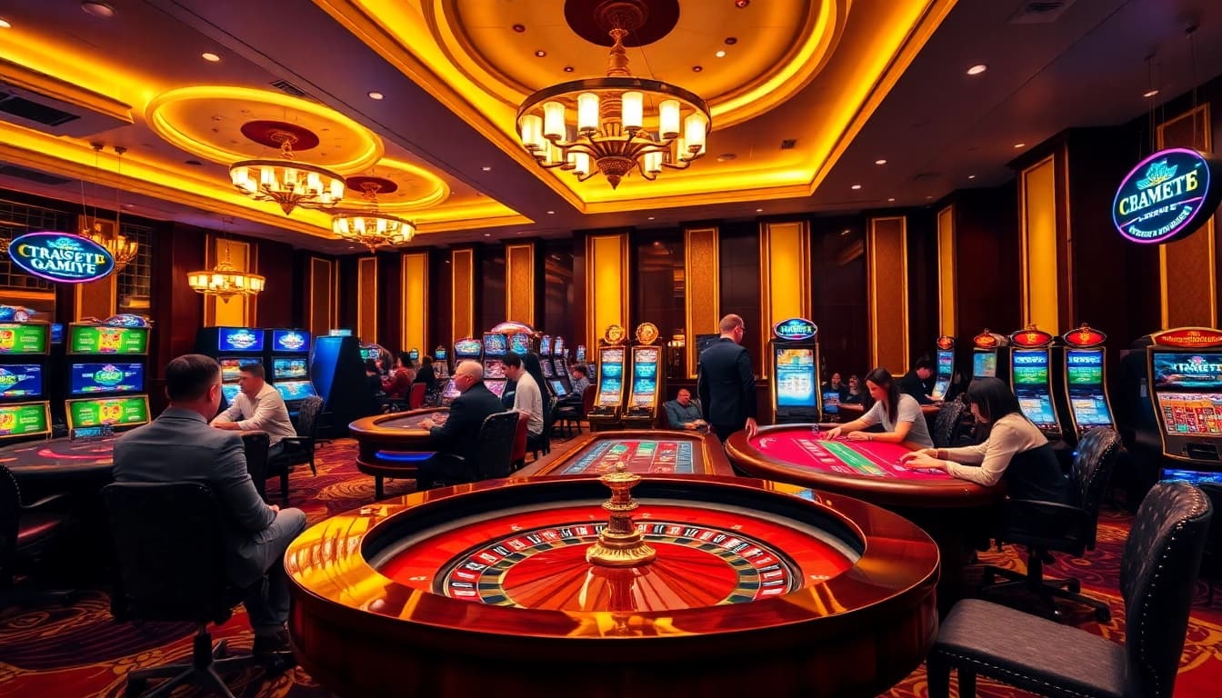 Engaging scene at nhà cái uy tín RR88, showcasing various casino games with excited players.