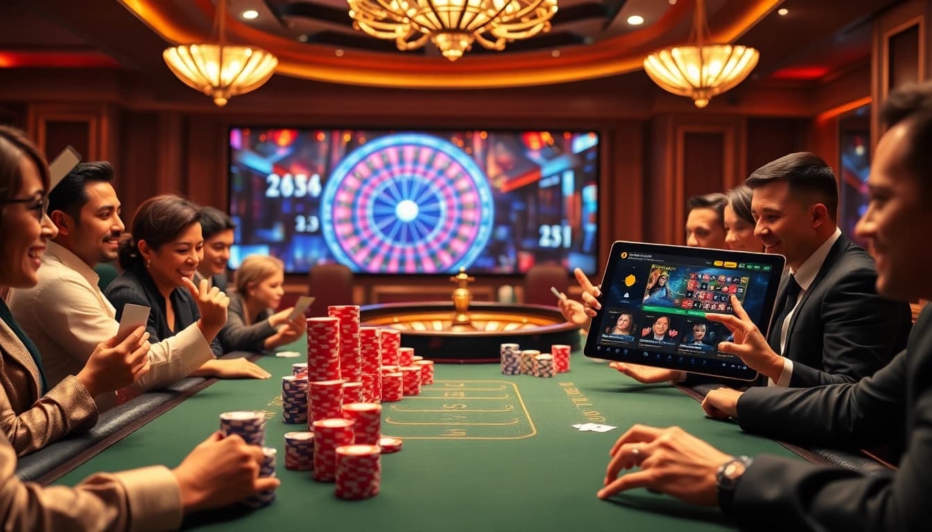 Experience bóng đá trực tuyến luongson excitement in a luxurious casino scene with poker and roulette.