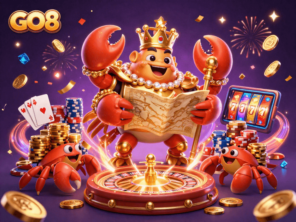 GO8 showcases a vibrant 3D casino scene with a golden crab emperor and dynamic game elements.