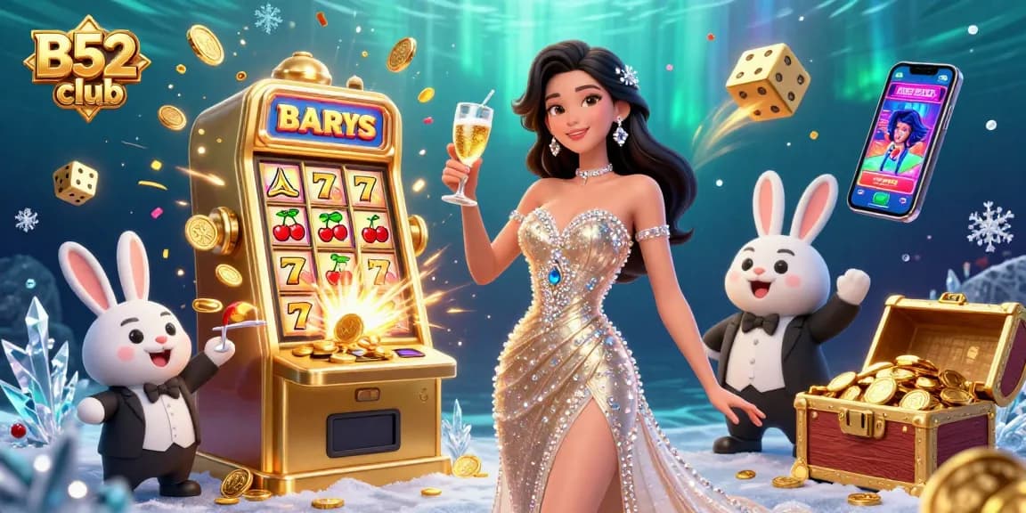 B52club offers thrilling gameplay with a sparkling jackpot scene, showcasing a lady celebrating and engaging with gaming elements.