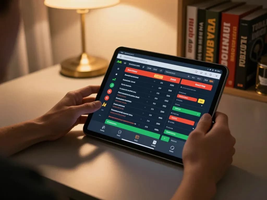 Engaging in sports betting on a tablet with live odds, 78wim app showcased in cozy home office setup