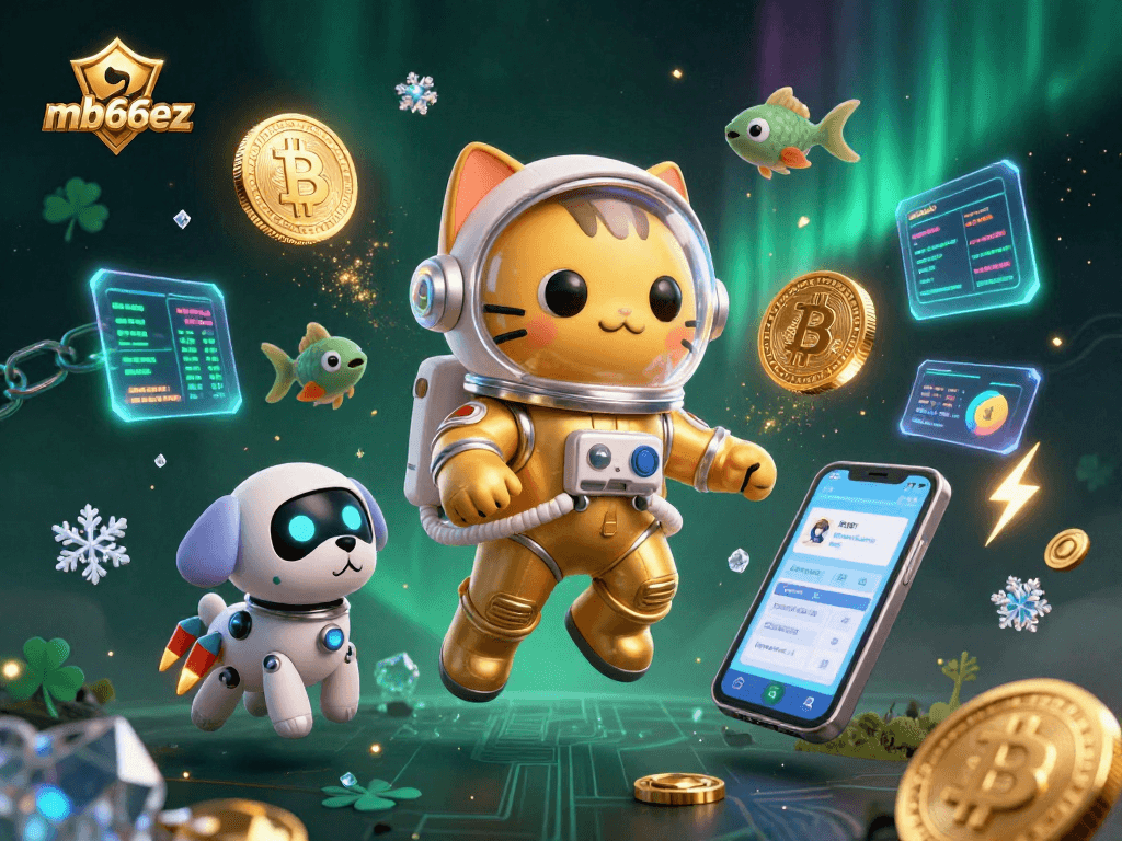 Engage with mb66ez's vibrant casino adventure featuring a golden space suit cat amidst crypto treasures.