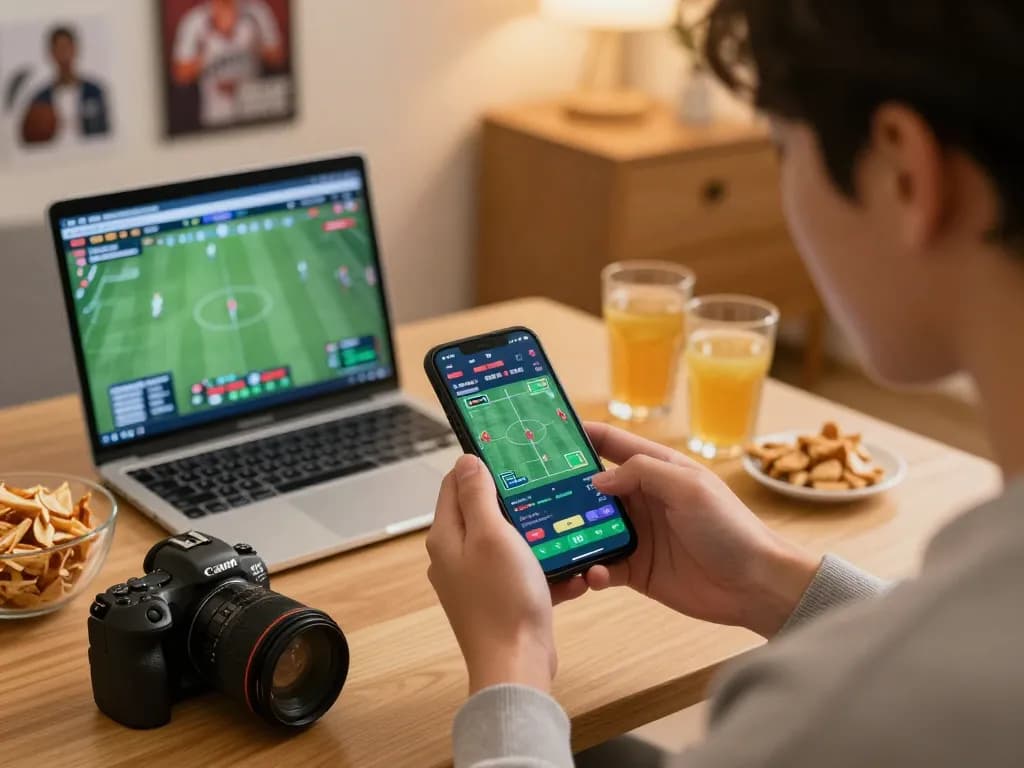 Engaging in strategic betting at nk88 sports interface on mobile device in cozy setting