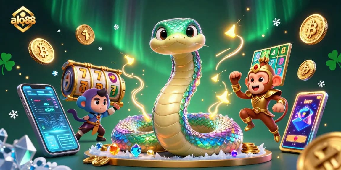 Alo88 players spinning slot reels in a vibrant 3D casino world filled with crypto coins and magical creatures.