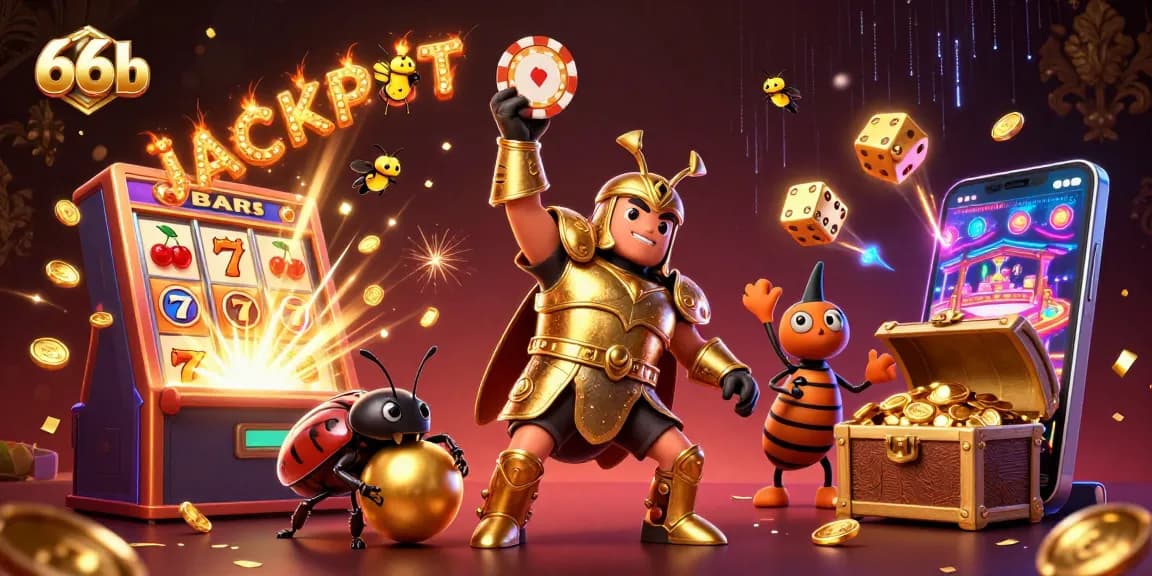 66b hercules beetle celebrates jackpots at a colorful casino scene bursting with excitement.