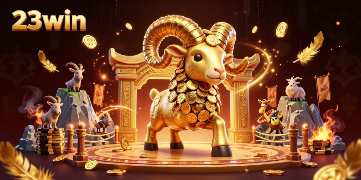 Engage in thrilling action at 23win with a dazzling 3D casino-themed illustration featuring a golden ram and dynamic gaming elements.
