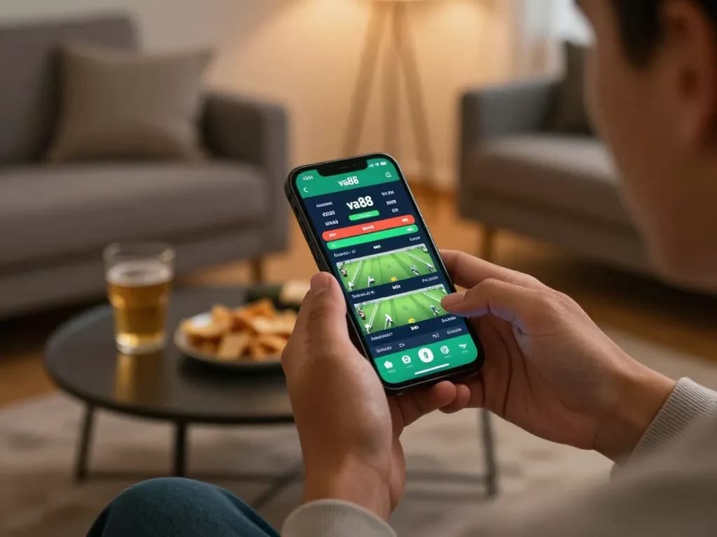 Engaging user placing bets on the va88 app in a cozy home sports setting.