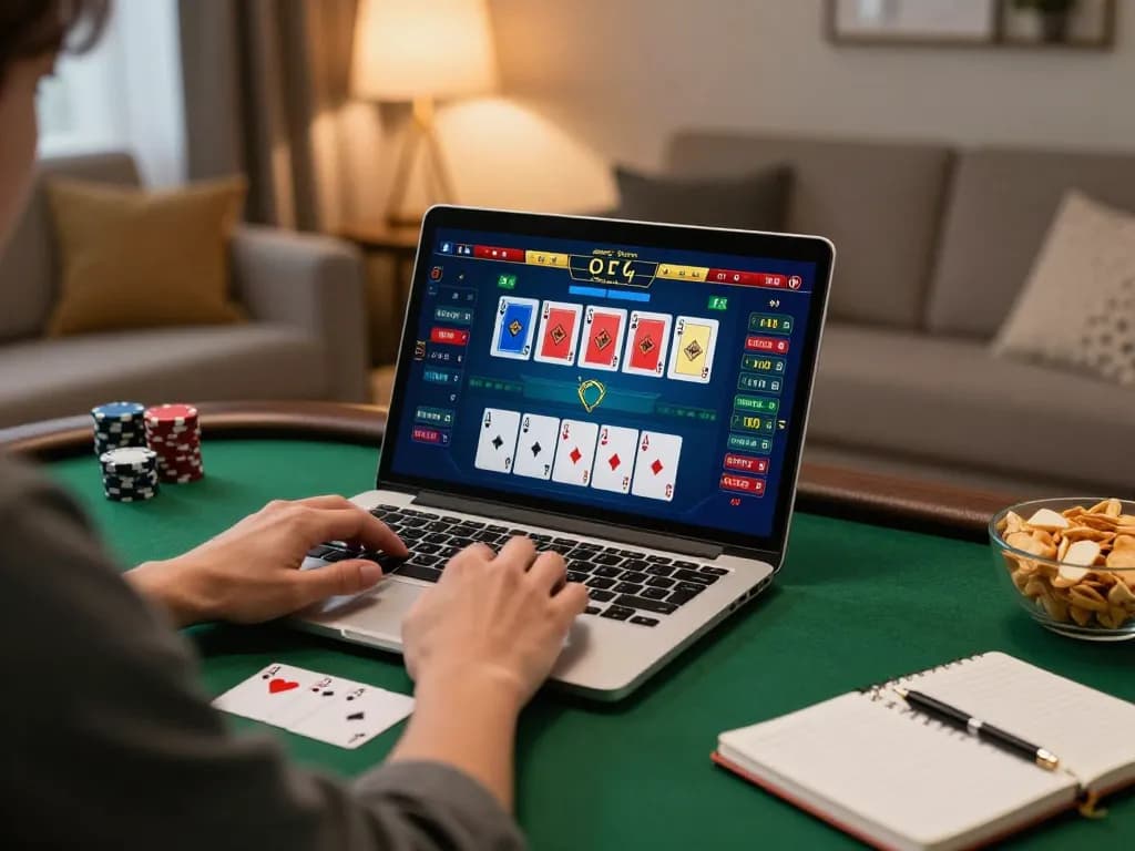 BL555 player enjoying an online poker game at home, demonstrating strategic betting and comfortable environment.