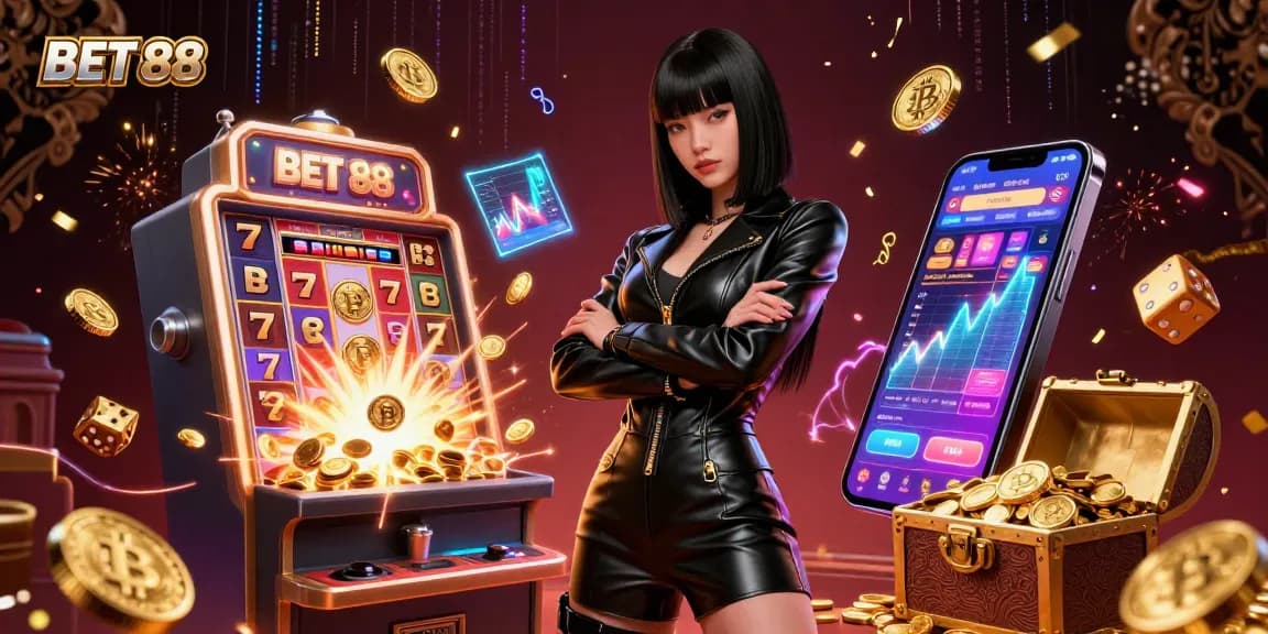 Engage in thrilling gameplay at BET 88 with a stunning Asian woman amidst cascading Bitcoin coins and jackpot slots.