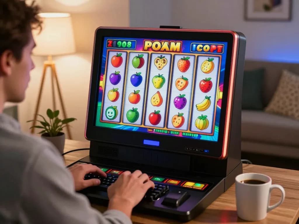 Player enjoying max88 slots at home, vibrant spinning reels in cozy setting