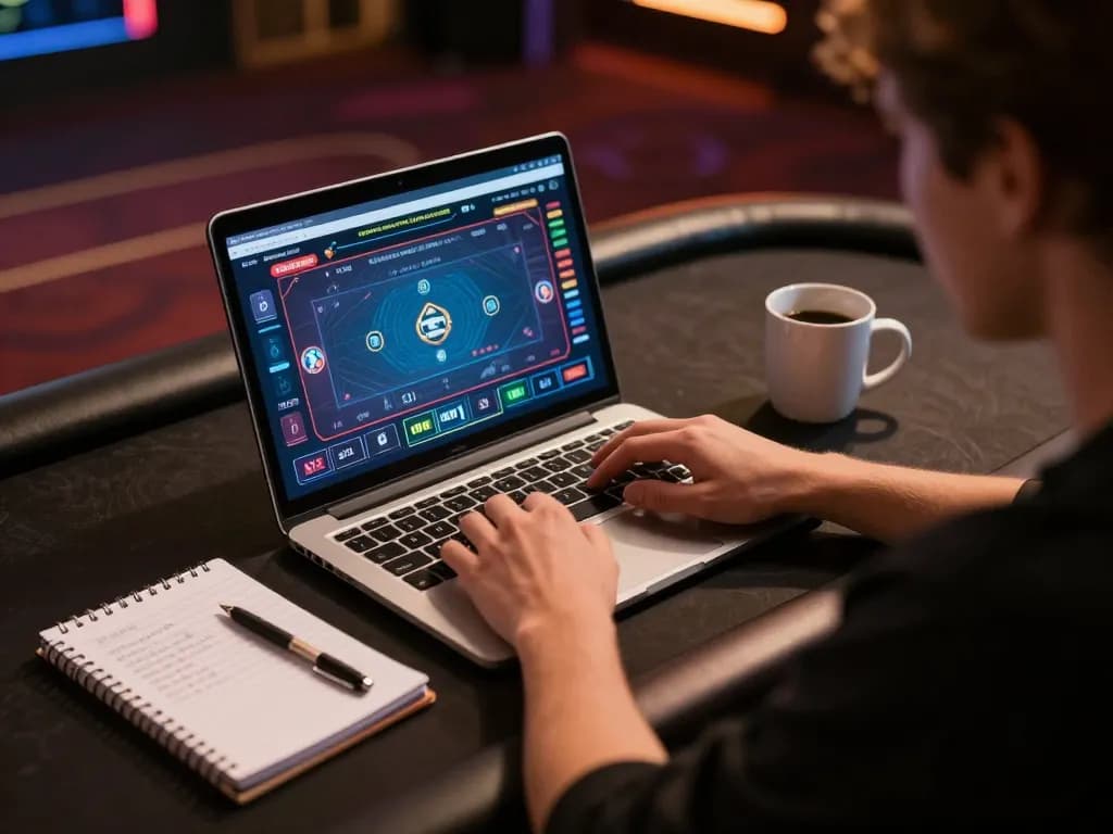 MM88 player engaging in online poker with strategic notes visible, creating an exciting gaming scene
