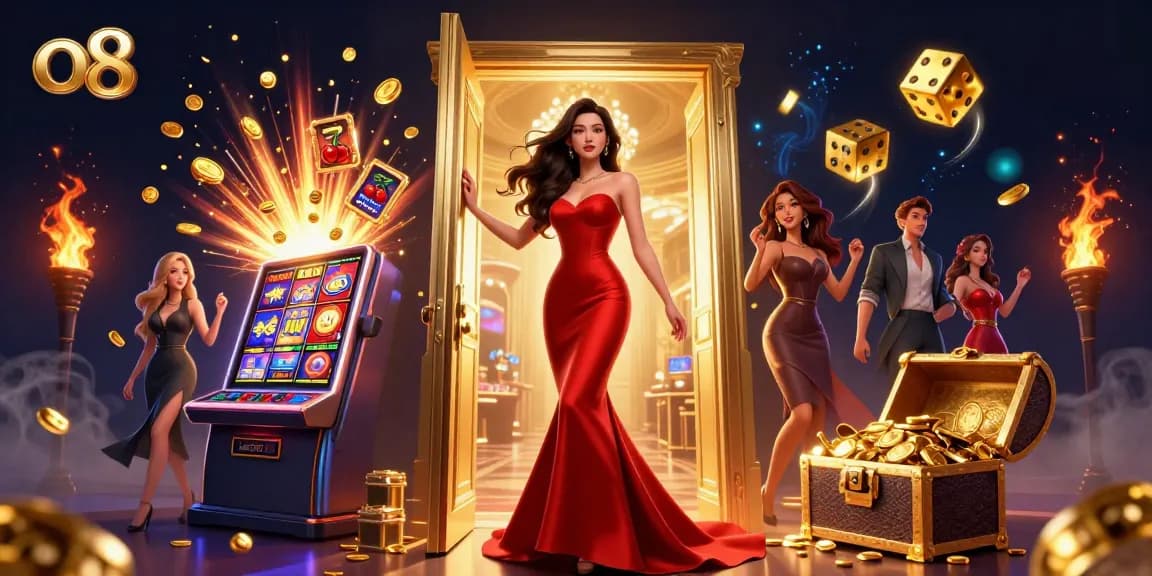 Engage with exciting jackpot wins at o8 as a stunning Asian woman celebrates in a luxurious casino.