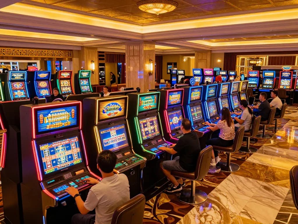 Players engaging with slot machines at a vibrant casino scene, showcasing NOHU excitement and gaming potential.