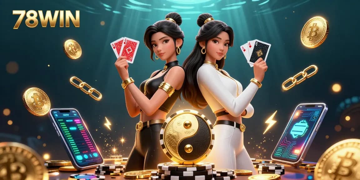 Engage with the vivid world of 78WIN's casino experience, showcasing twin women in striking outfits holding cards.