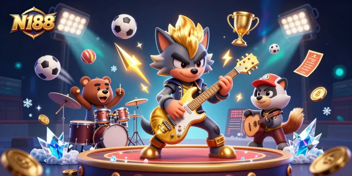 N188 casino illustration featuring a dynamic rock star wolf and drummer bear in a vibrant gaming atmosphere.