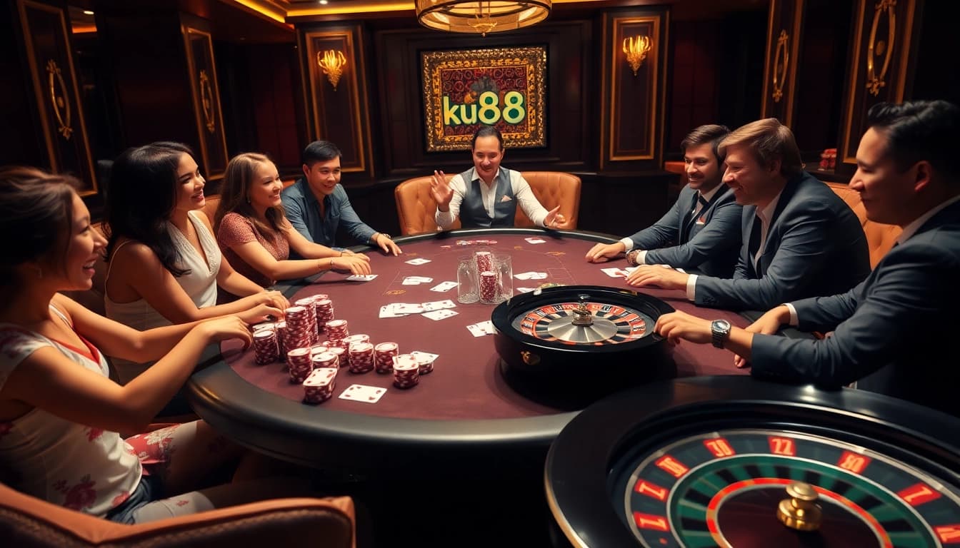 Players enjoying a high-stakes poker game at ku88 casino with vibrant ambiance and professional setup.