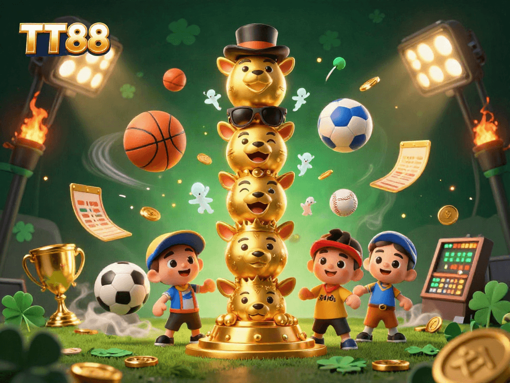 Join the excitement of sports betting with TT88's dynamic casino illustration featuring vibrant sports elements.