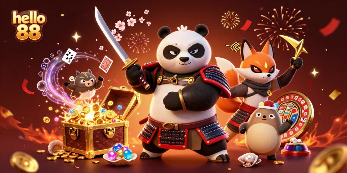 Experience thrilling adventures at hello 88 with a fierce panda warrior and vibrant casino elements.