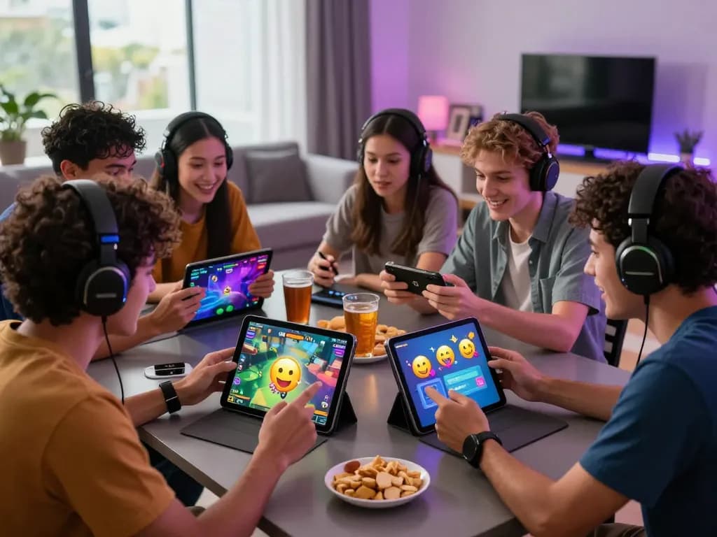 S666 gaming friends enjoying an exciting multiplayer session with vibrant screens and snacks in a modern living room.