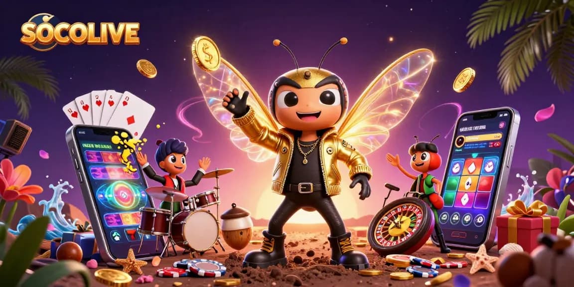 SOCOLIVE showcases a vibrant scene with a cicada rock star and beetle drummer celebrating sports betting dynamics.
