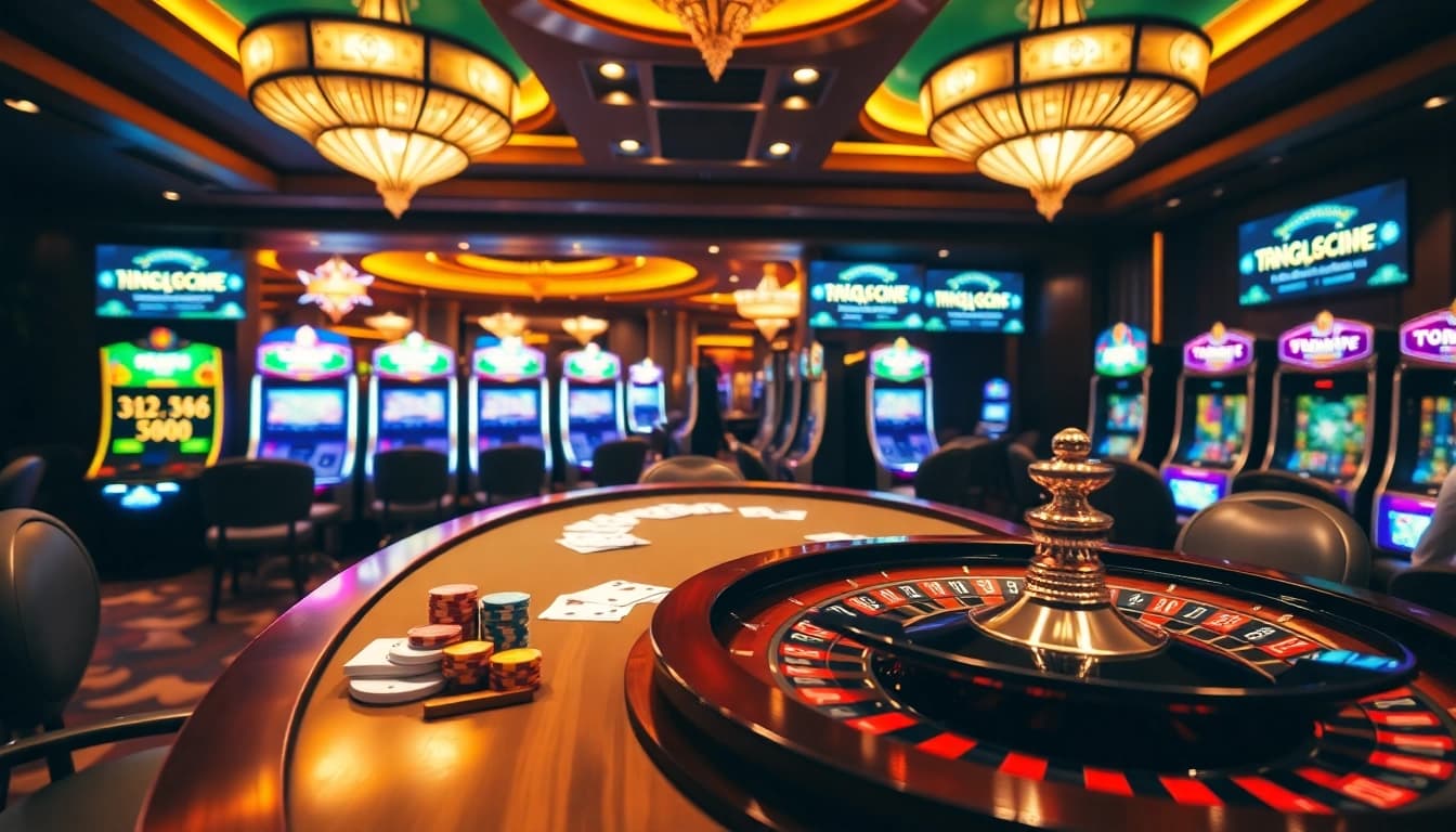 Luxury casino gaming scene showcasing excitement and elegance at trang chủ hz88, featuring roulette and poker elements.