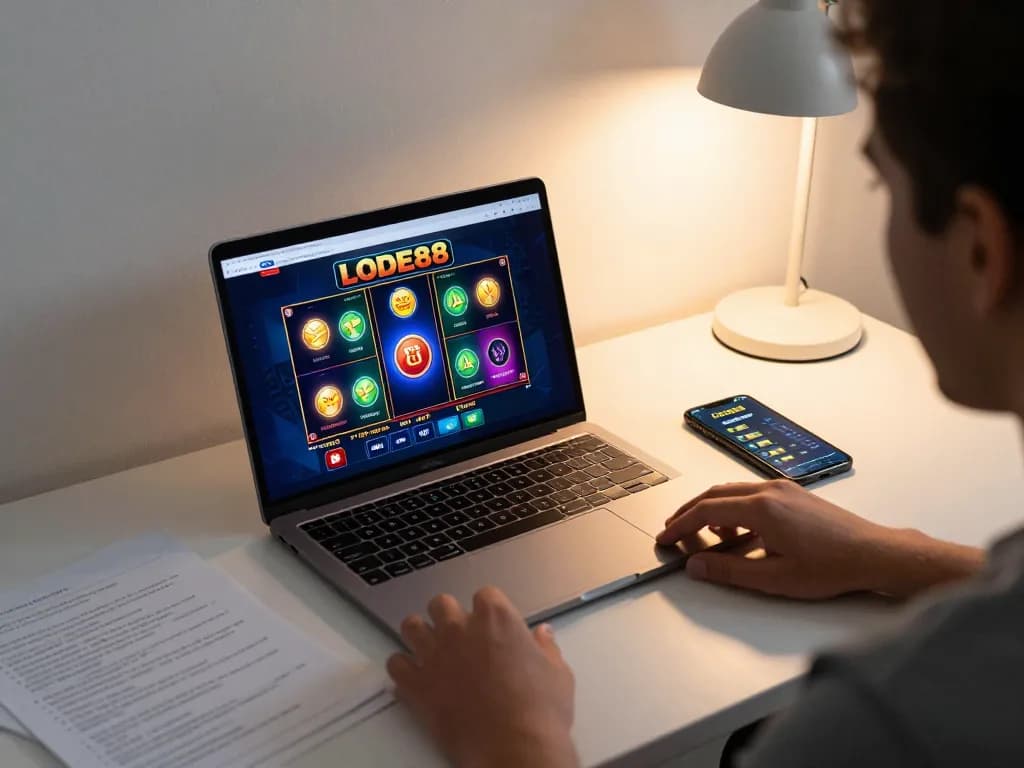 Engaging LODE88 online gambling session with a laptop and gaming strategies on a desk