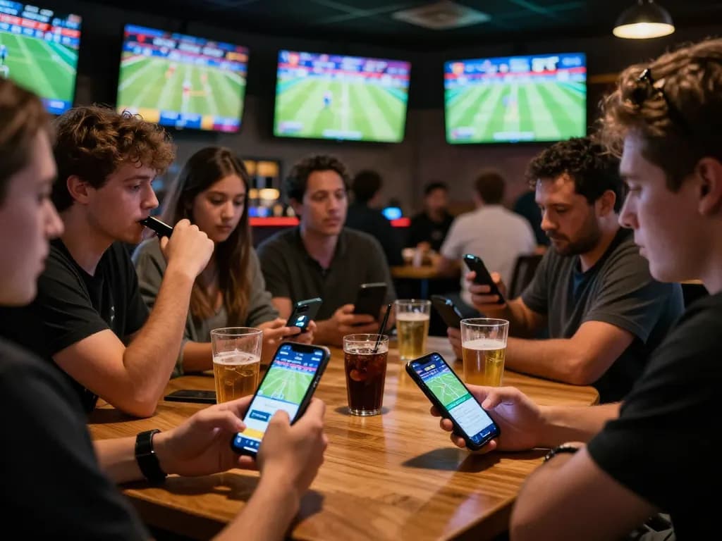 Tỷ lệ kèo nhà cái hôm nay displayed on a mobile app during a lively sports betting event in a bar.