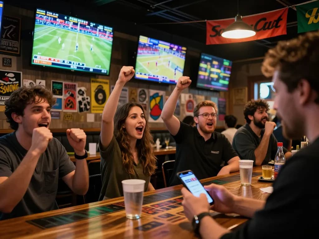 Betting on sports at 11win with excited patrons cheering and screens showing live games
