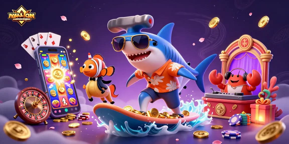 nguoidepsaigon showcases a dynamic 3D casino scene with a shark and colorful gambling elements.