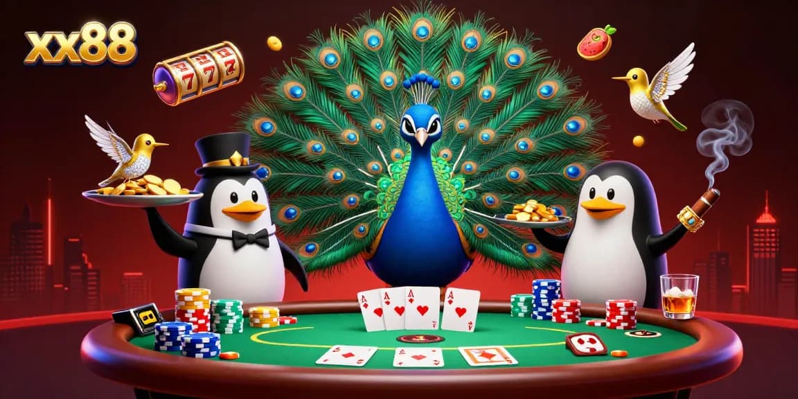 Experience immersive gaming with xx88’s vibrant 3D illustration of an aristocratic peacock and casino elements.
