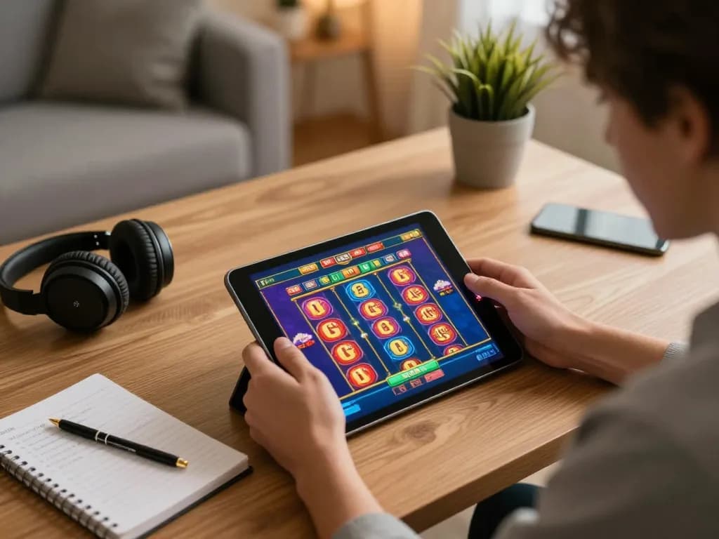 Kuwin1 player engaging with tablet slots in a cozy home setup while practicing bankroll management