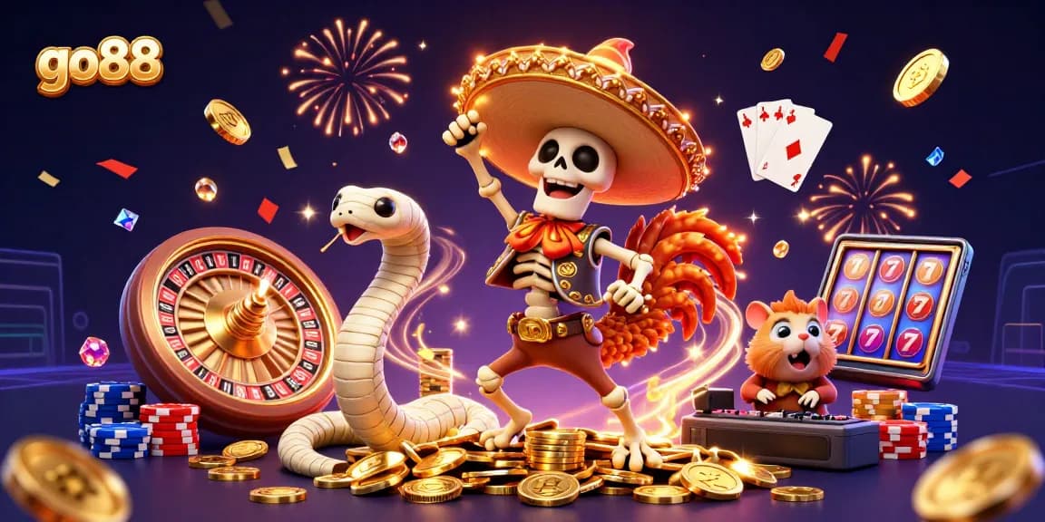 Experience exhilarating moments with go88's dynamic gaming scene featuring vibrant characters and casino elements.