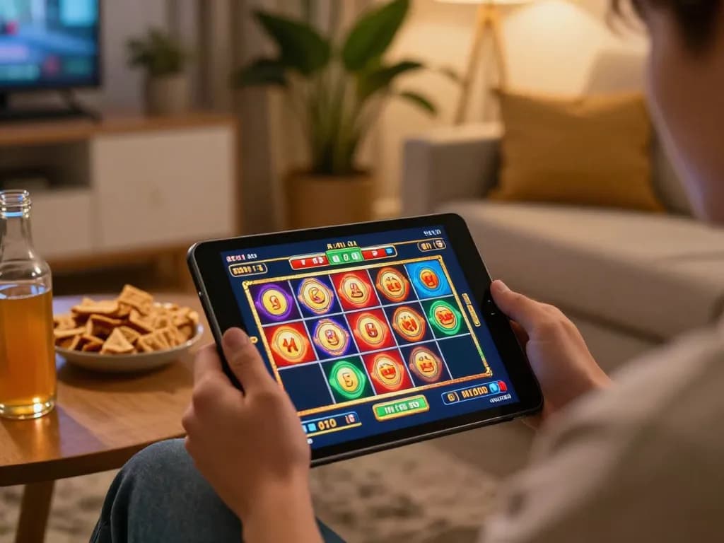 Engaged player on trang chủ jun88 using a tablet for online slots in a cozy living room