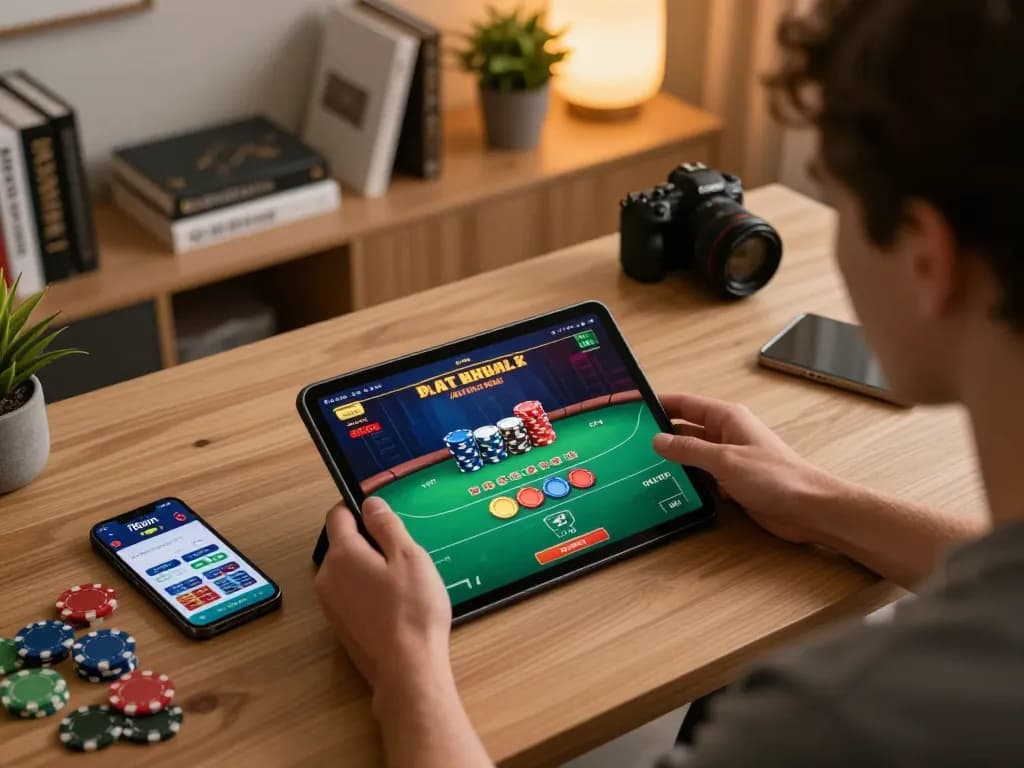 Player engaged with 78wim casino app on tablet as bright poker game unfolds, blending home comfort with strategy.