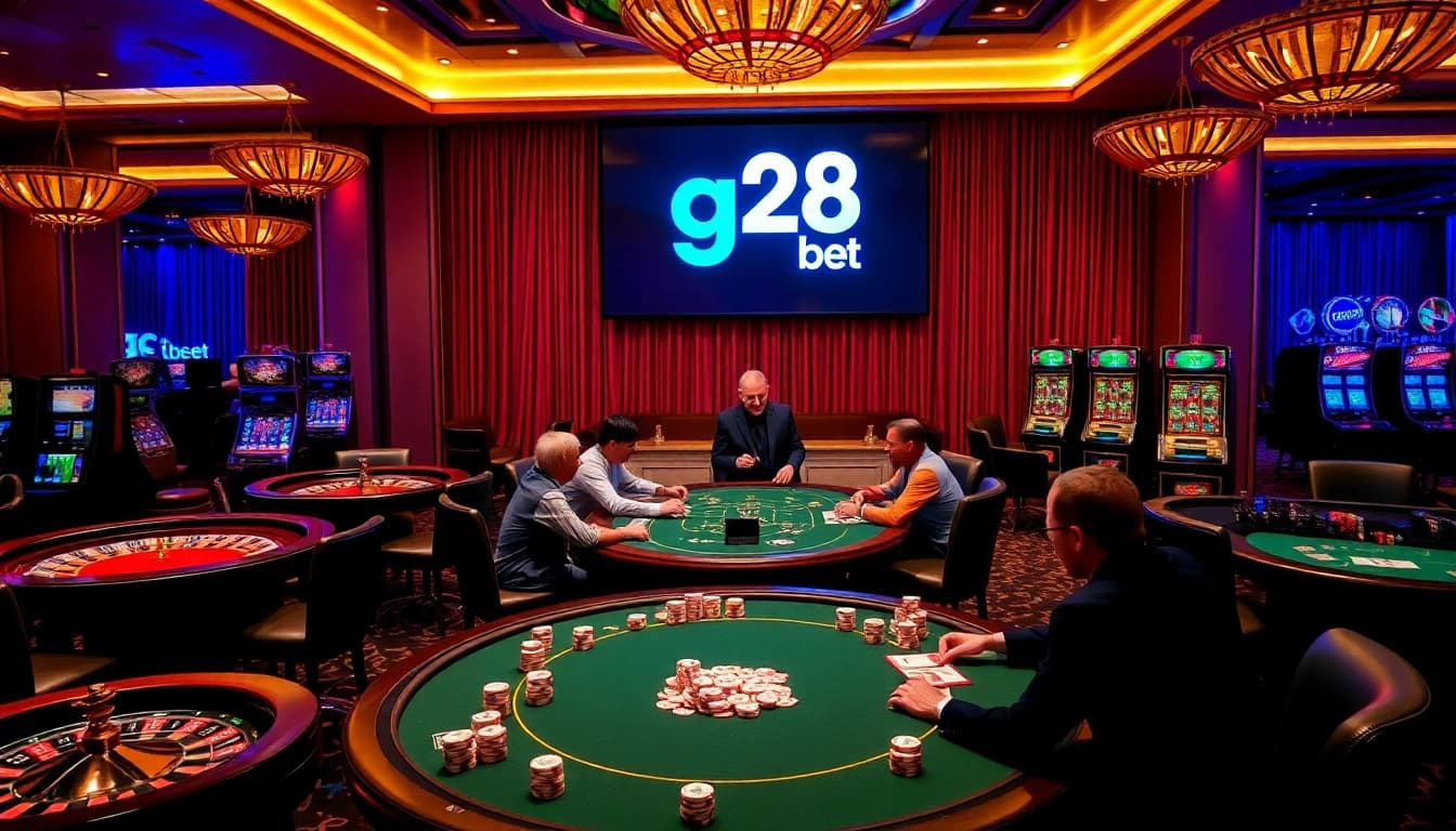 Experience g28 bet with thrilling casino action featuring roulette, poker tables, and vibrant slot machines.