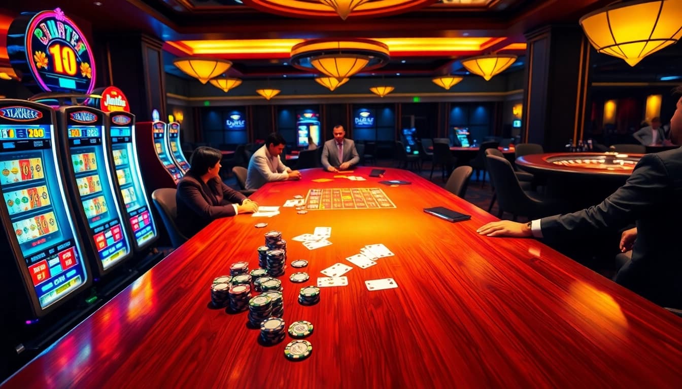 Players engaged in poker and roulette at a luxurious casino scene at https://abcvip.baby.
