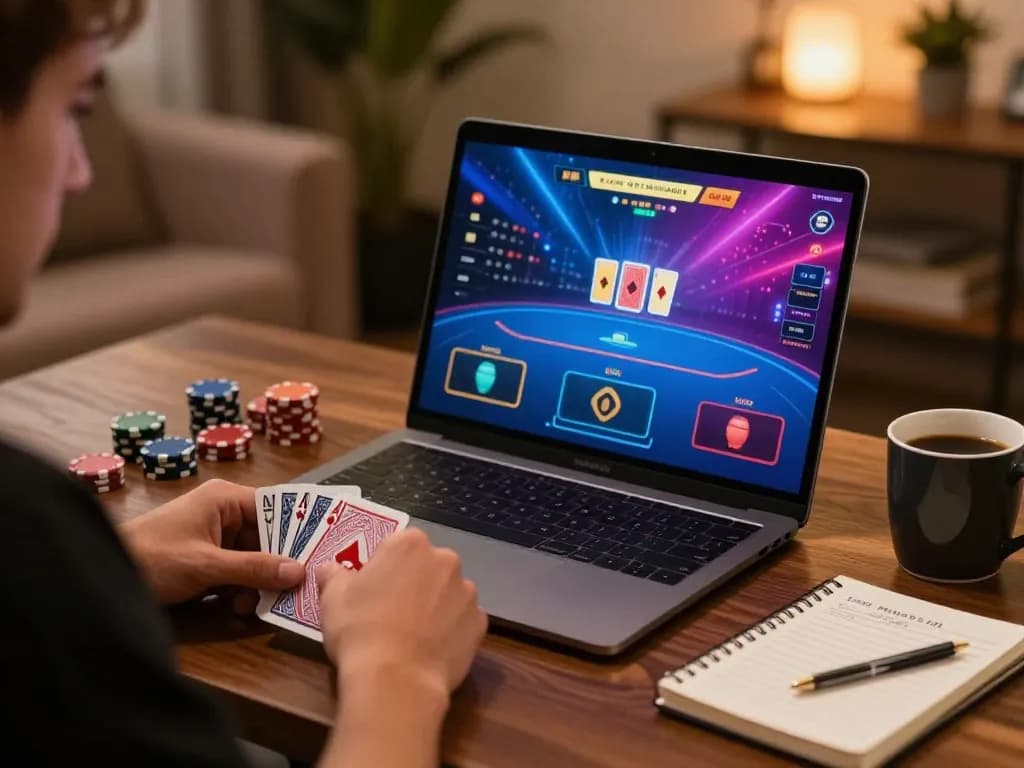 Focused player at nhà cái luck8 engaged in thrilling online poker game, showcasing strategy and gameplay.