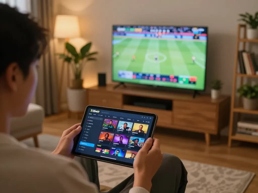 Person participating in sports betting on zbett platform with a warm home atmosphere.