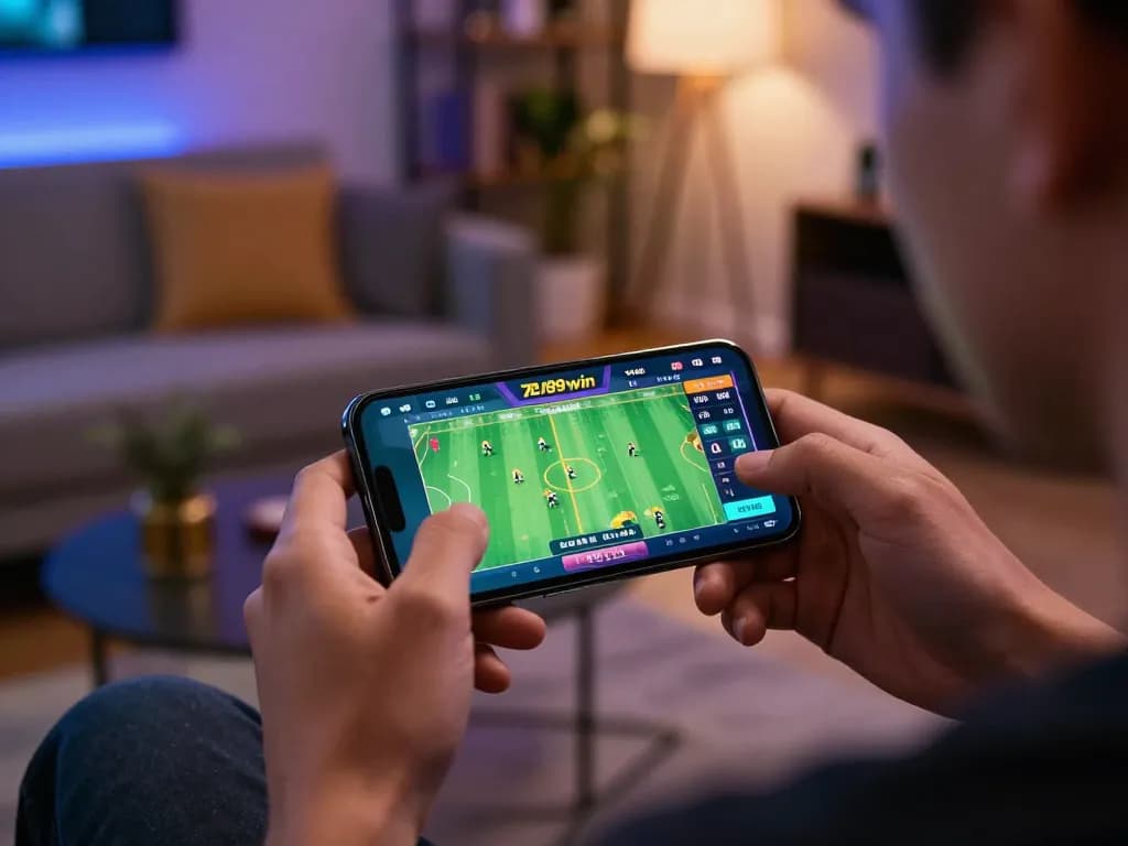 Engaging user navigating Nhà cái 789win app for sports betting in a modern living room