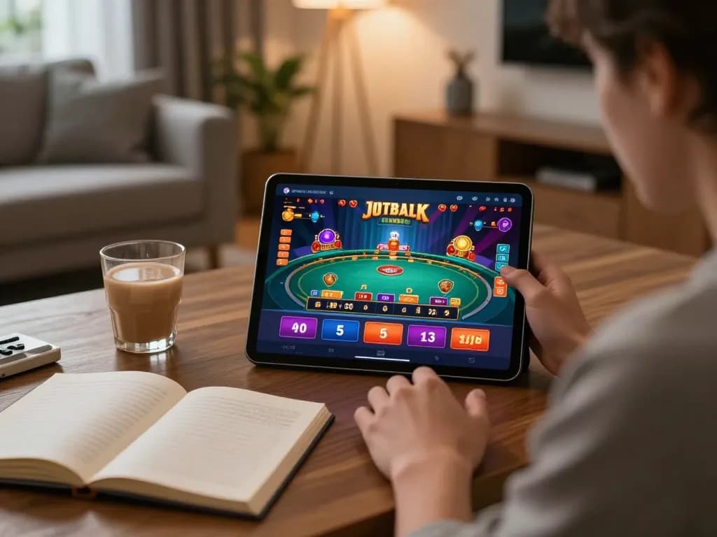 Engaging online gaming experience on Website Vin88 at stylish home desk during evening.