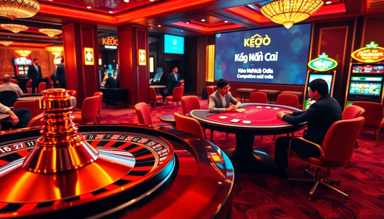 Kèo Nhà Cái odds displayed in a vibrant casino setting with roulette wheel and poker table action.