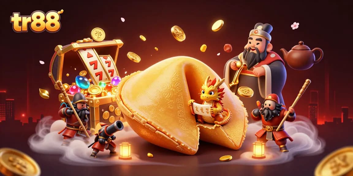 Experience thrilling jackpots at tr88 with a dragon guarding fortune cookies and gold treasures.