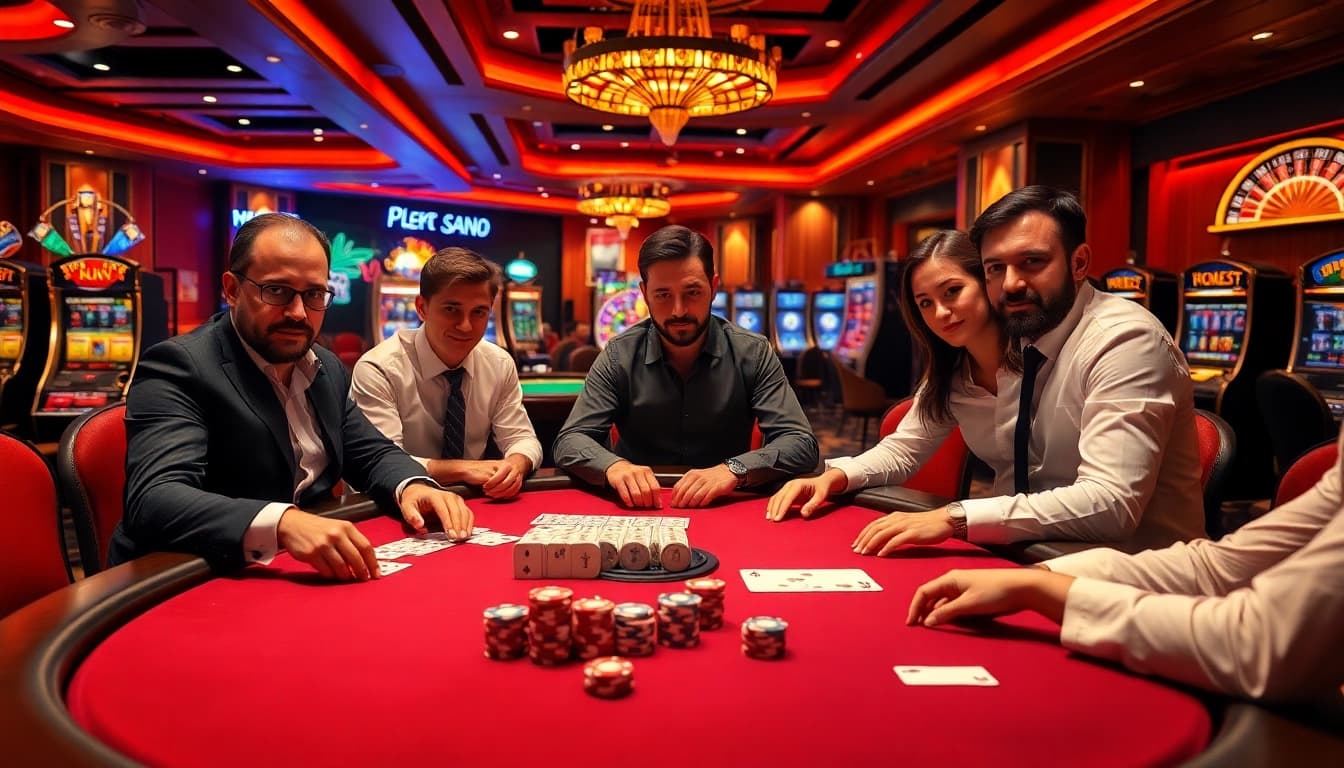 Players strategizing during a thrilling poker game at https://www.bdtk66.blog/, surrounded by vibrant casino elements.