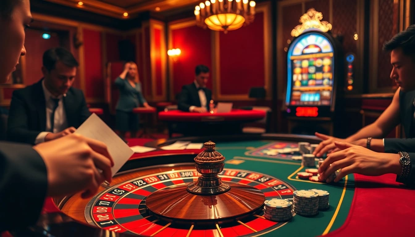 Gambling at 8day.cn.com with vivid roulette table, poker chips, and vibrant slot machines.