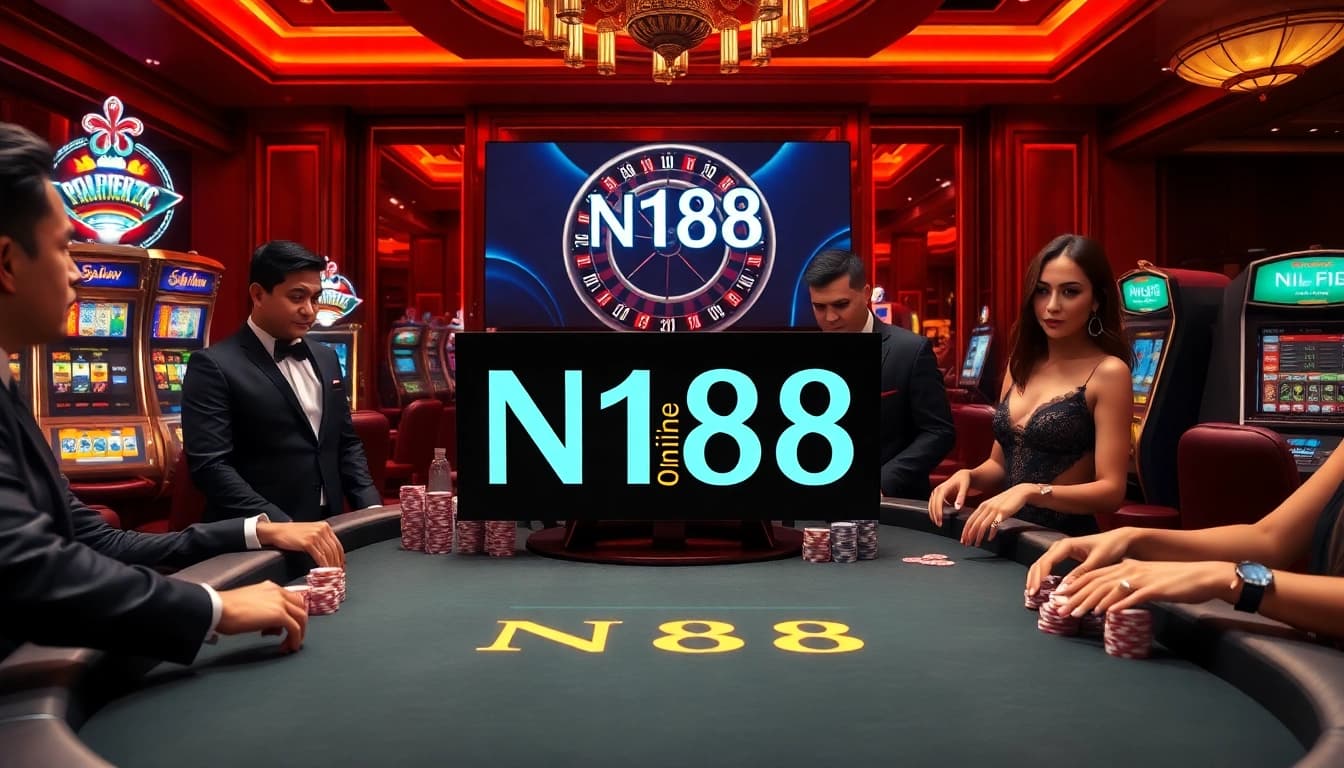 Experience high-stakes poker action at the N188 casino, featuring luxurious tables and vibrant slot machines.