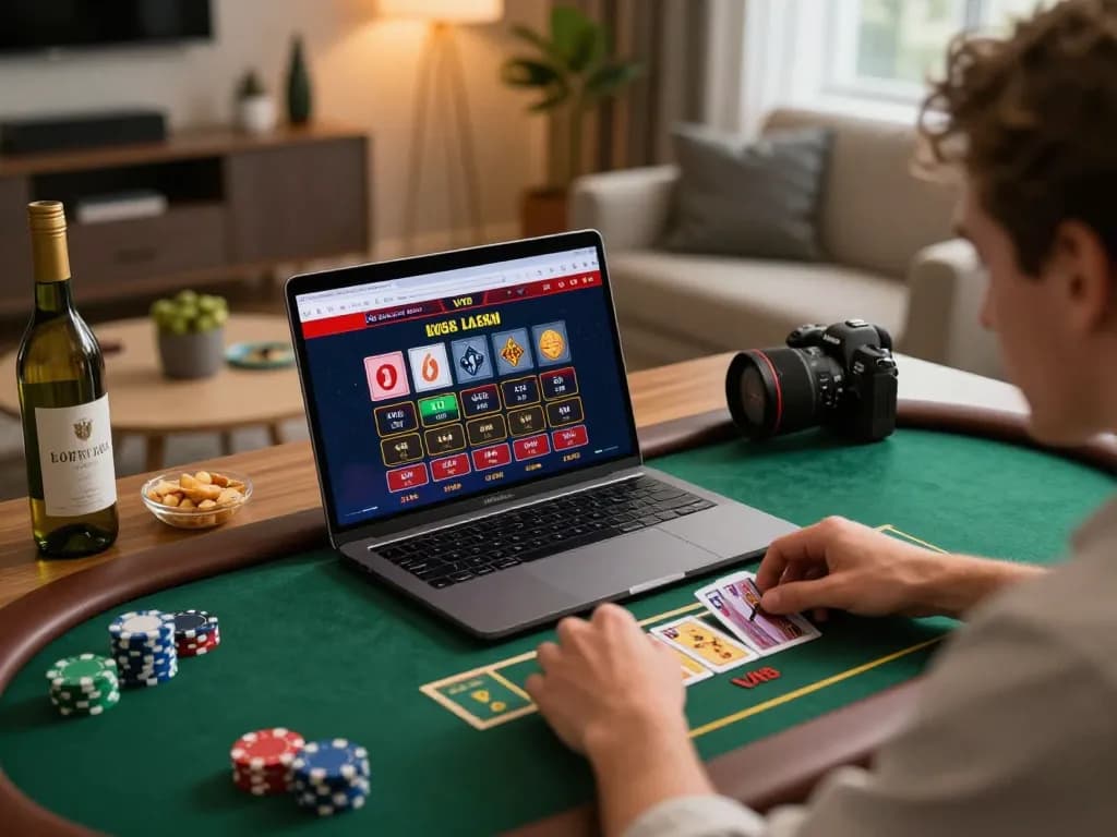Player enjoys LV88 online casino on laptop, analyzing bets in a stylish home office.
