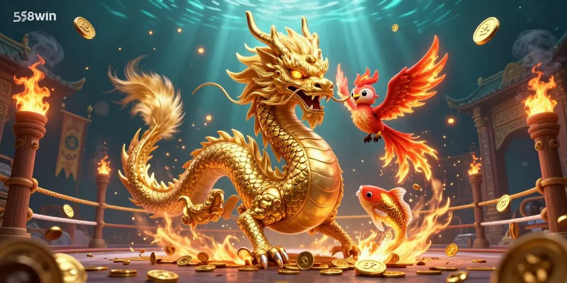 Engage with the thrilling action at 58WIN, featuring a majestic dragon, phoenix, and koi amidst vibrant casino elements.